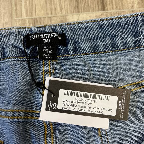 PrettyLittleThing Blue High Rise Straight Leg Jeans Raw Hem Size Tall 10 - Picture 10 of 11